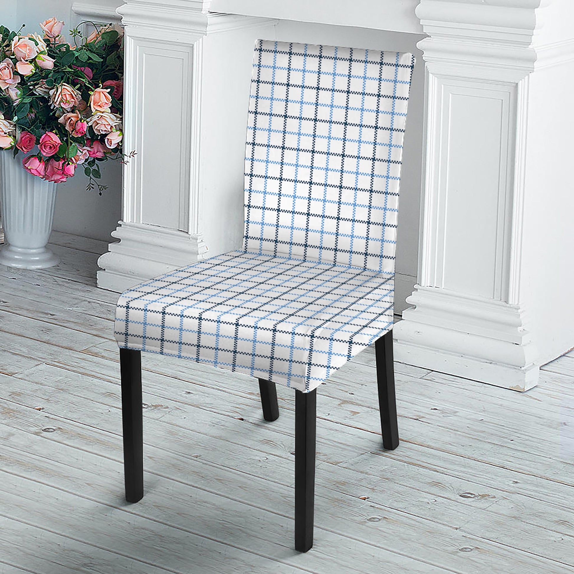 White And Blue Tattersall Pattern Print Dining Chair Slipcover