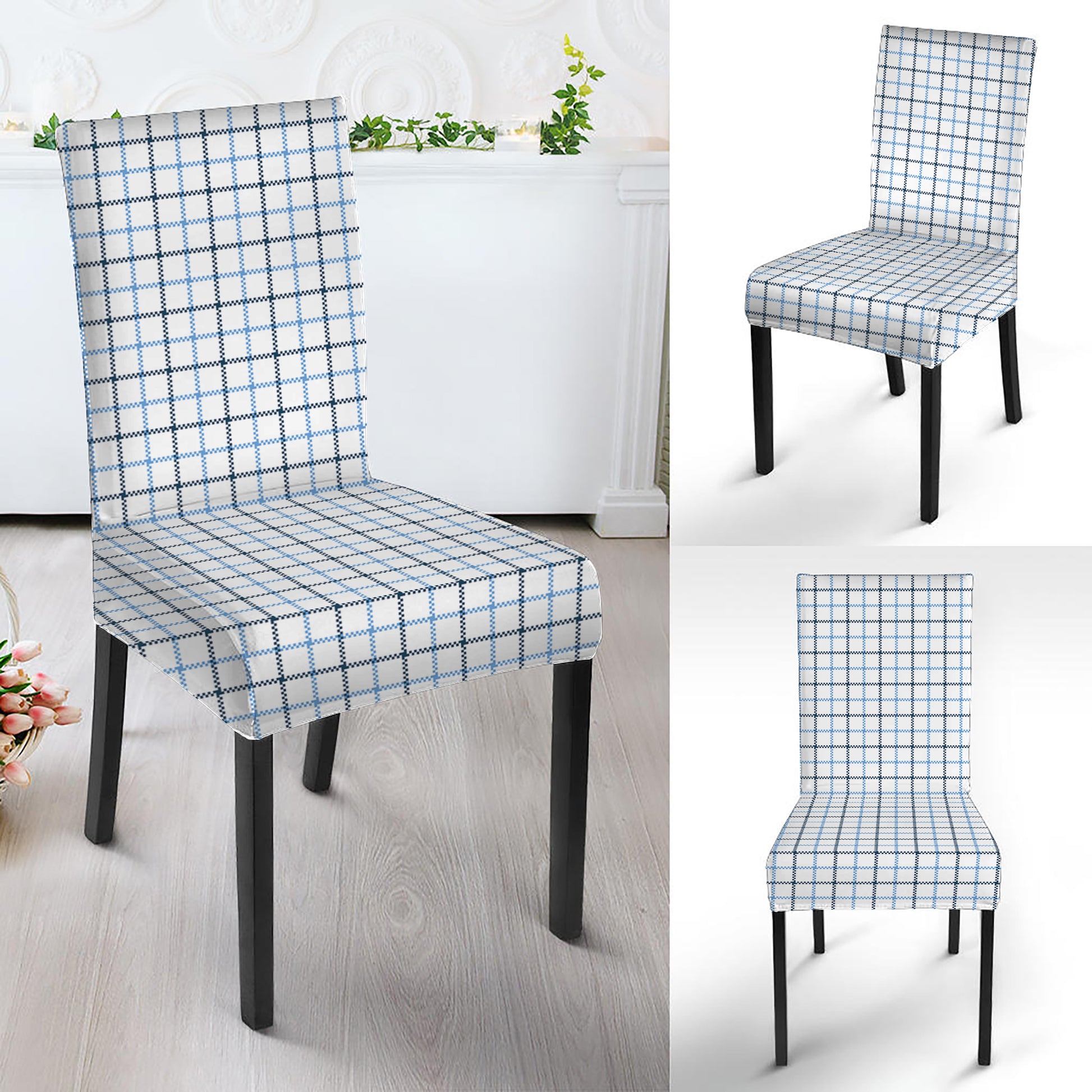 White And Blue Tattersall Pattern Print Dining Chair Slipcover