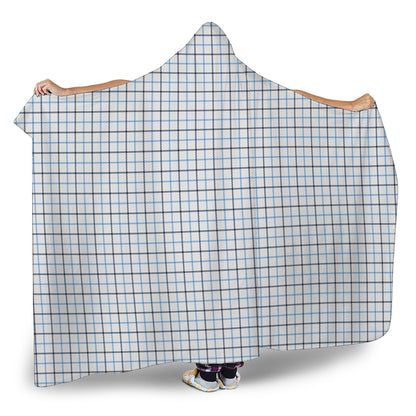 White And Blue Tattersall Pattern Print Hooded Blanket