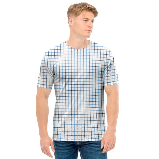 White And Blue Tattersall Pattern Print Men's T-Shirt