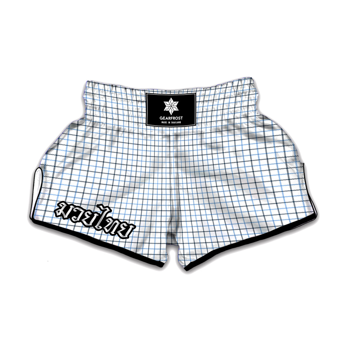 White And Blue Tattersall Pattern Print Muay Thai Boxing Shorts