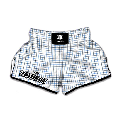 White And Blue Tattersall Pattern Print Muay Thai Boxing Shorts