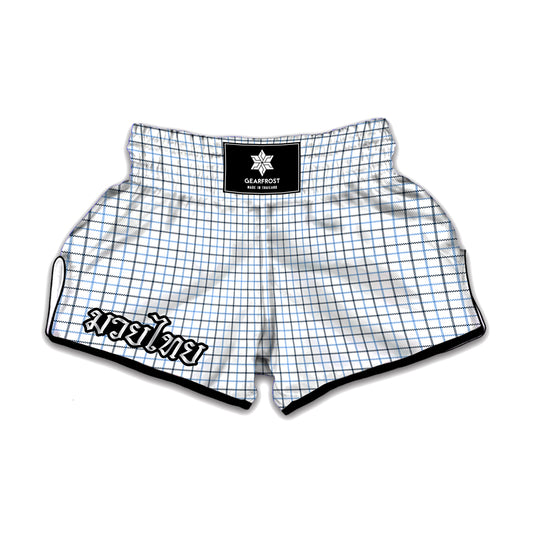 White And Blue Tattersall Pattern Print Muay Thai Boxing Shorts