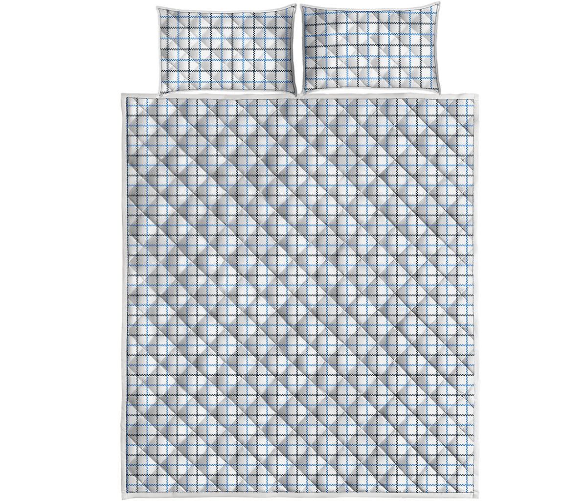 White And Blue Tattersall Pattern Print Quilt Bed Set
