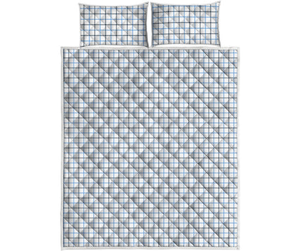 White And Blue Tattersall Pattern Print Quilt Bed Set