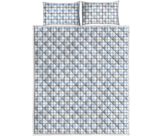 White And Blue Tattersall Pattern Print Quilt Bed Set
