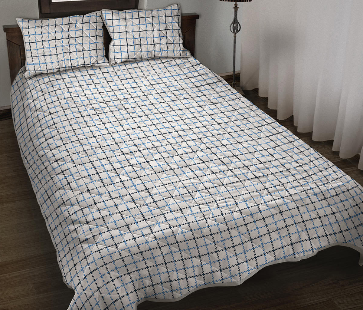 White And Blue Tattersall Pattern Print Quilt Bed Set