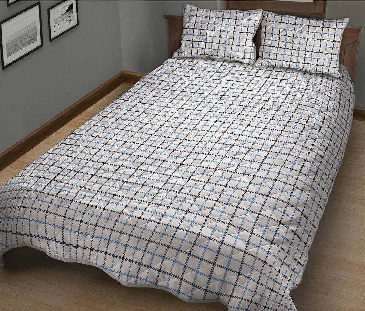 White And Blue Tattersall Pattern Print Quilt Bed Set
