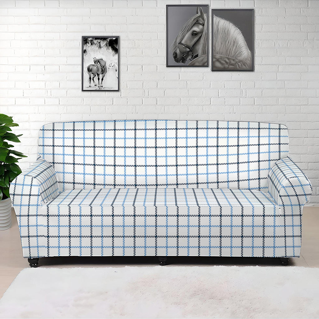 White And Blue Tattersall Pattern Print Sofa Cover