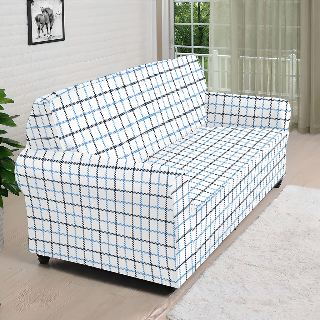 White And Blue Tattersall Pattern Print Sofa Cover