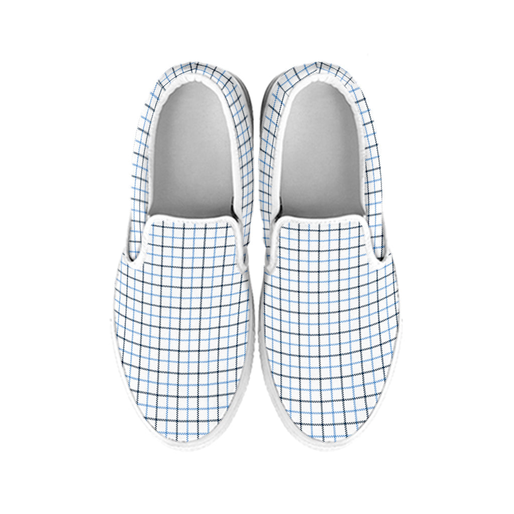 White And Blue Tattersall Pattern Print White Slip On Shoes