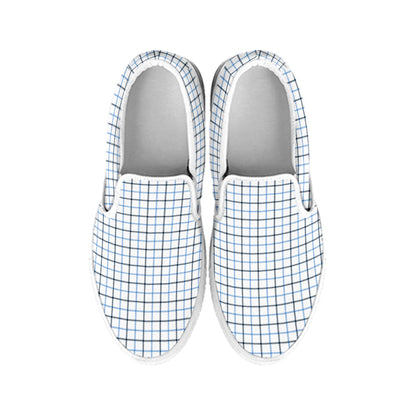 White And Blue Tattersall Pattern Print White Slip On Shoes