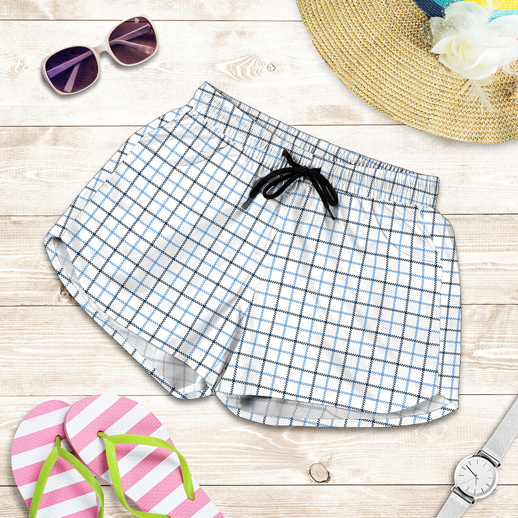 White And Blue Tattersall Pattern Print Women's Shorts