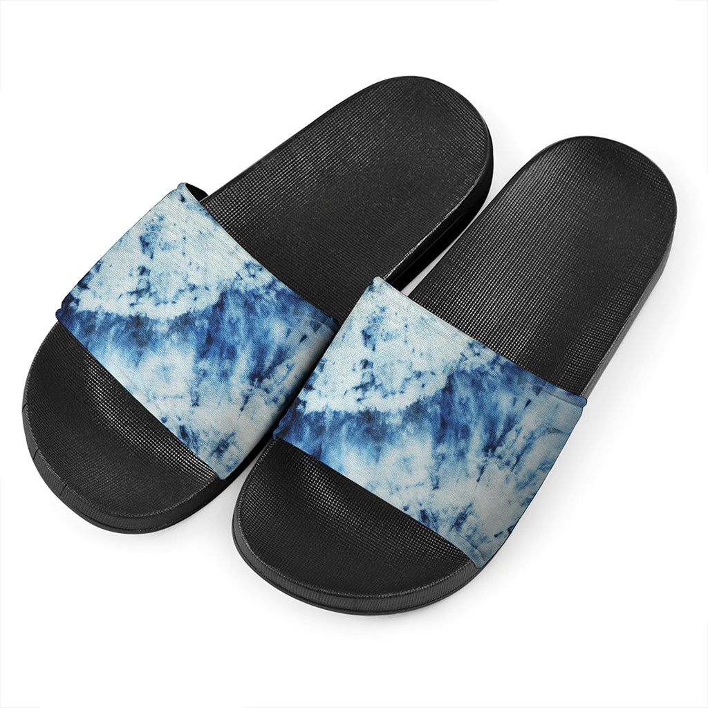 White And Blue Tie Dye Print Black Slide Sandals