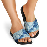 White And Blue Tie Dye Print Black Slide Sandals