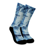 White And Blue Tie Dye Print Crew Socks