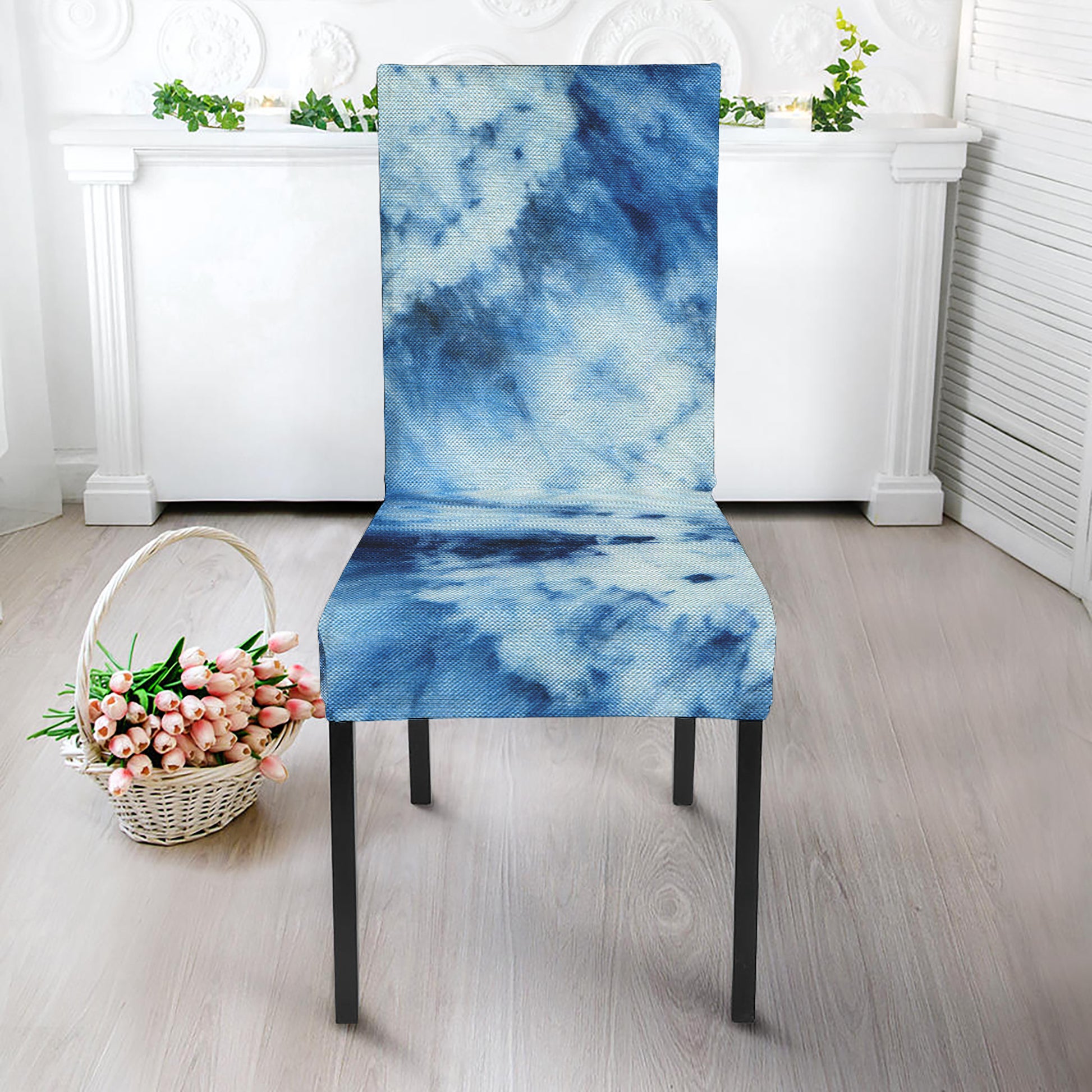 White And Blue Tie Dye Print Dining Chair Slipcover