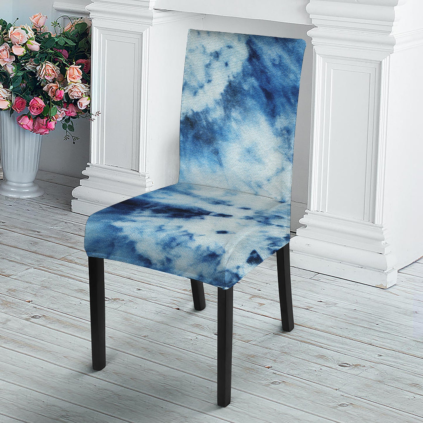 White And Blue Tie Dye Print Dining Chair Slipcover