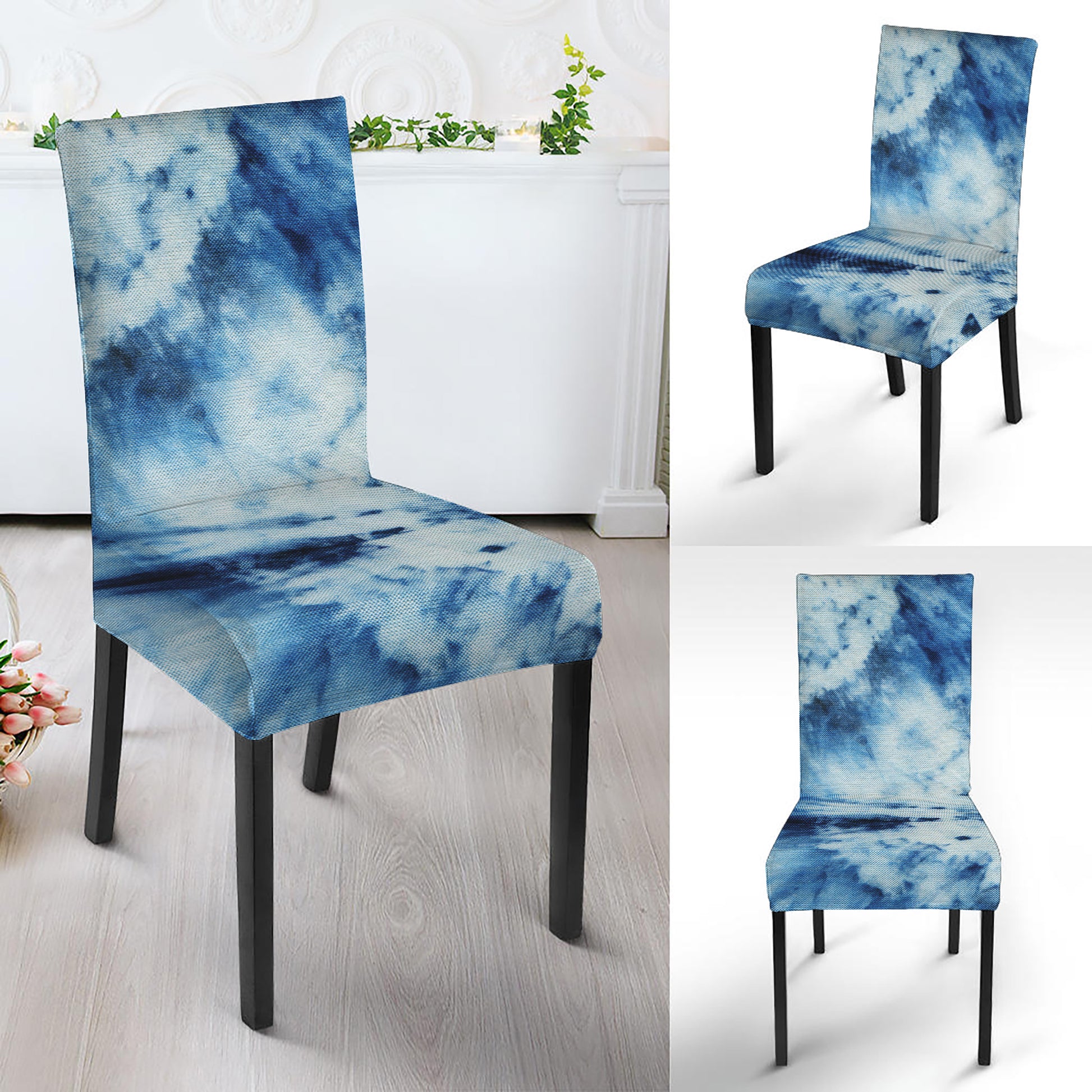 White And Blue Tie Dye Print Dining Chair Slipcover