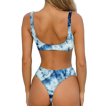 White And Blue Tie Dye Print Front Bow Tie Bikini