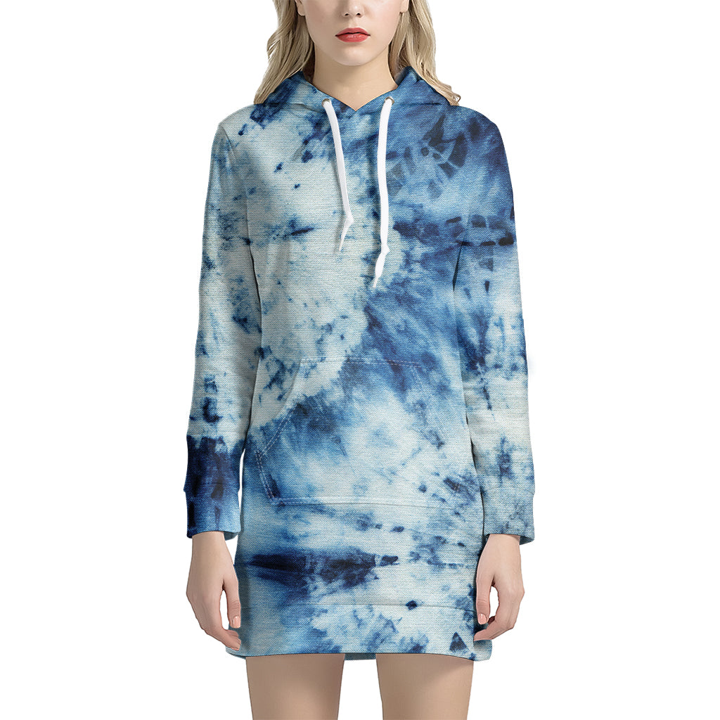 White And Blue Tie Dye Print Hoodie Dress