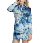 White And Blue Tie Dye Print Hoodie Dress