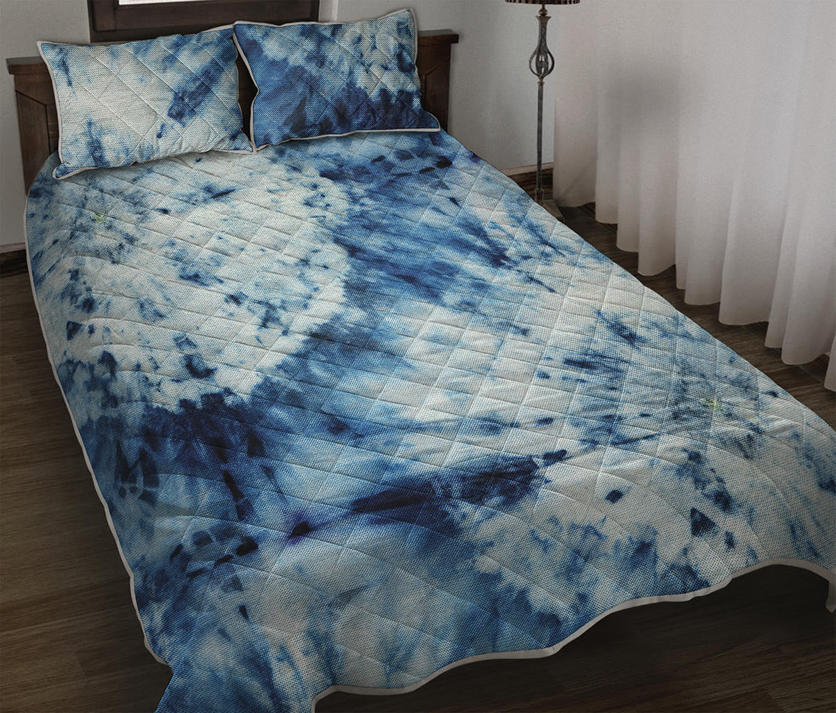 White And Blue Tie Dye Print Quilt Bed Set