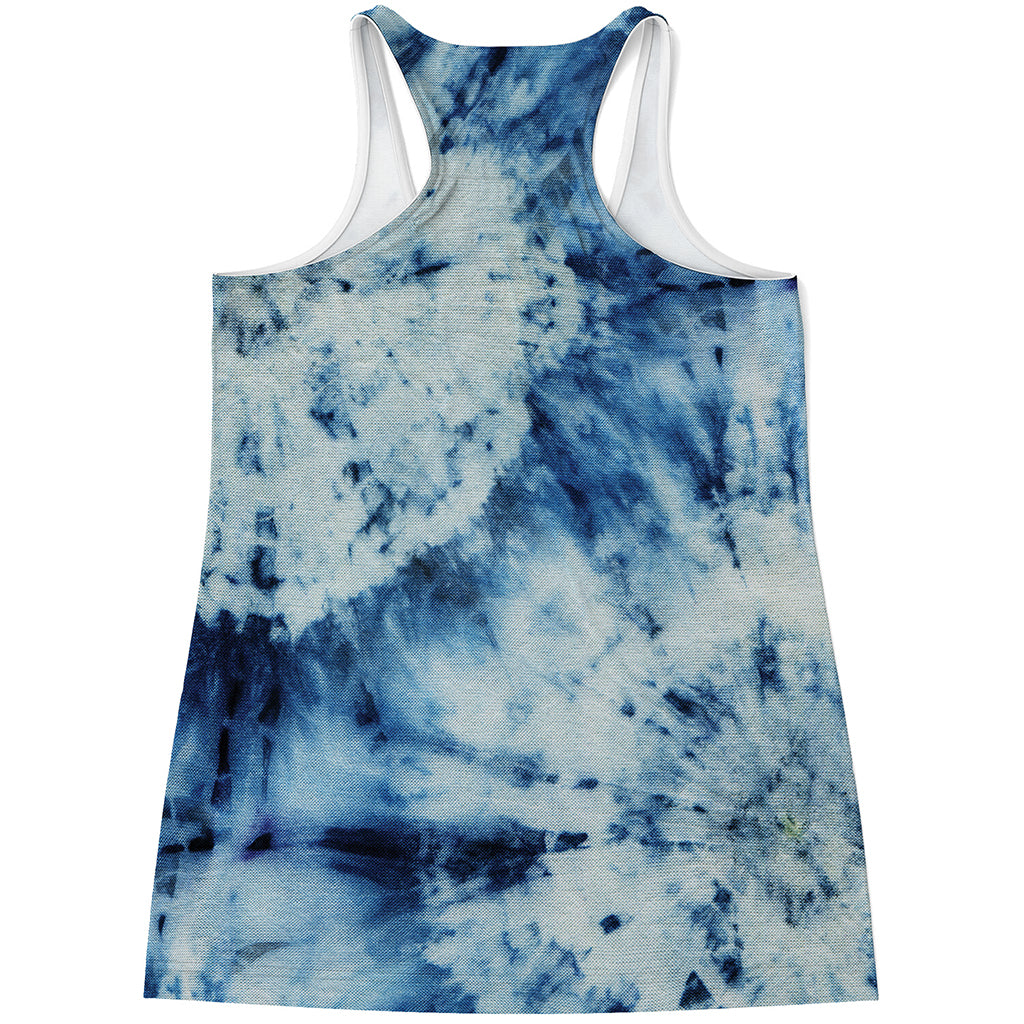 White And Blue Tie Dye Print Women's Racerback Tank Top