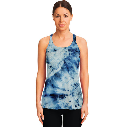 White And Blue Tie Dye Print Women's Racerback Tank Top