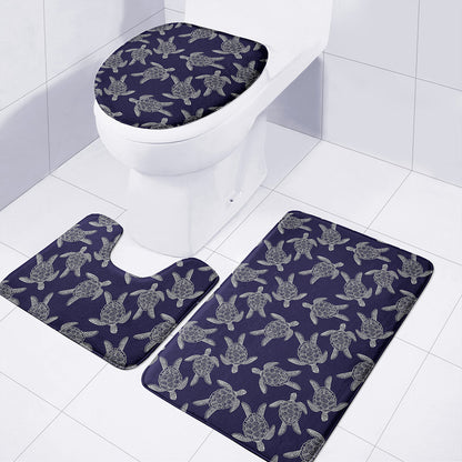 White And Blue Turtle Pattern Print 3 Piece Bath Mat Set