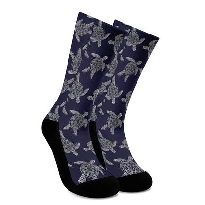 White And Blue Turtle Pattern Print Crew Socks