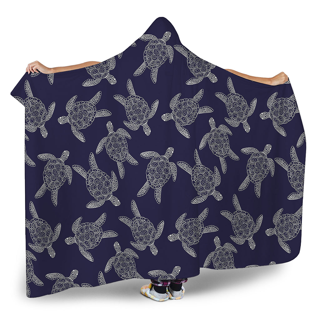 White And Blue Turtle Pattern Print Hooded Blanket