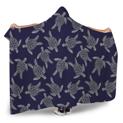 White And Blue Turtle Pattern Print Hooded Blanket