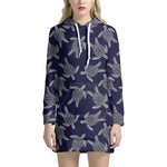 White And Blue Turtle Pattern Print Hoodie Dress