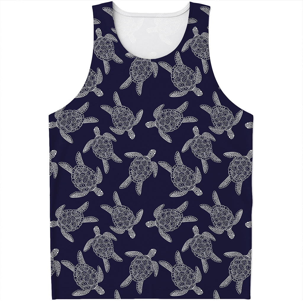 White And Blue Turtle Pattern Print Men's Tank Top