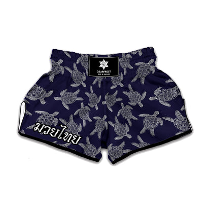 White And Blue Turtle Pattern Print Muay Thai Boxing Shorts