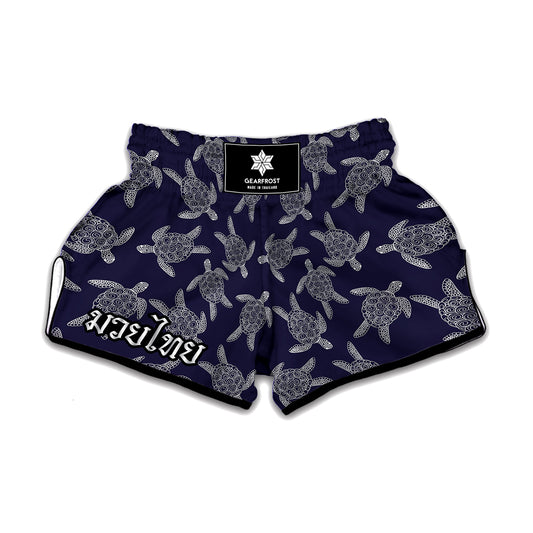 White And Blue Turtle Pattern Print Muay Thai Boxing Shorts