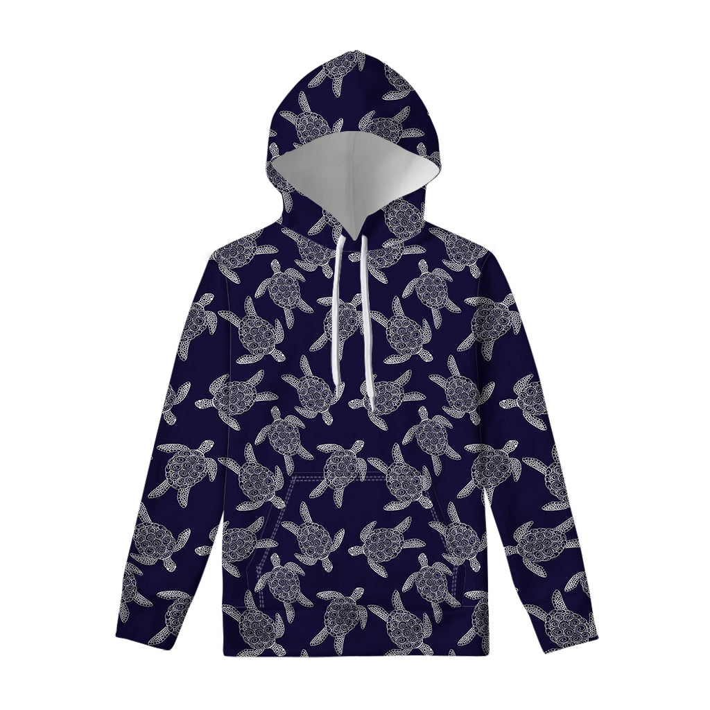 White And Blue Turtle Pattern Print Pullover Hoodie