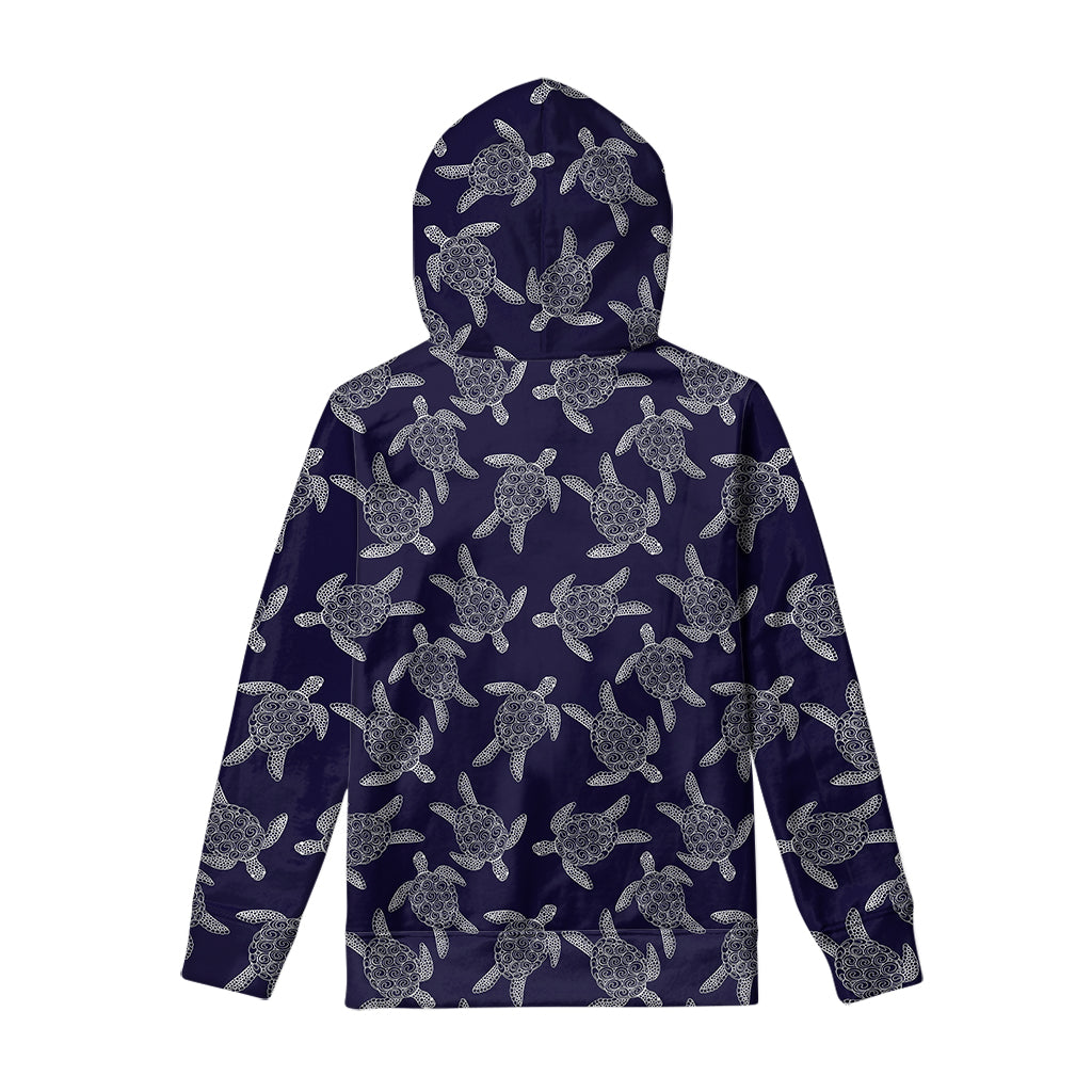 White And Blue Turtle Pattern Print Pullover Hoodie
