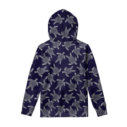 White And Blue Turtle Pattern Print Pullover Hoodie