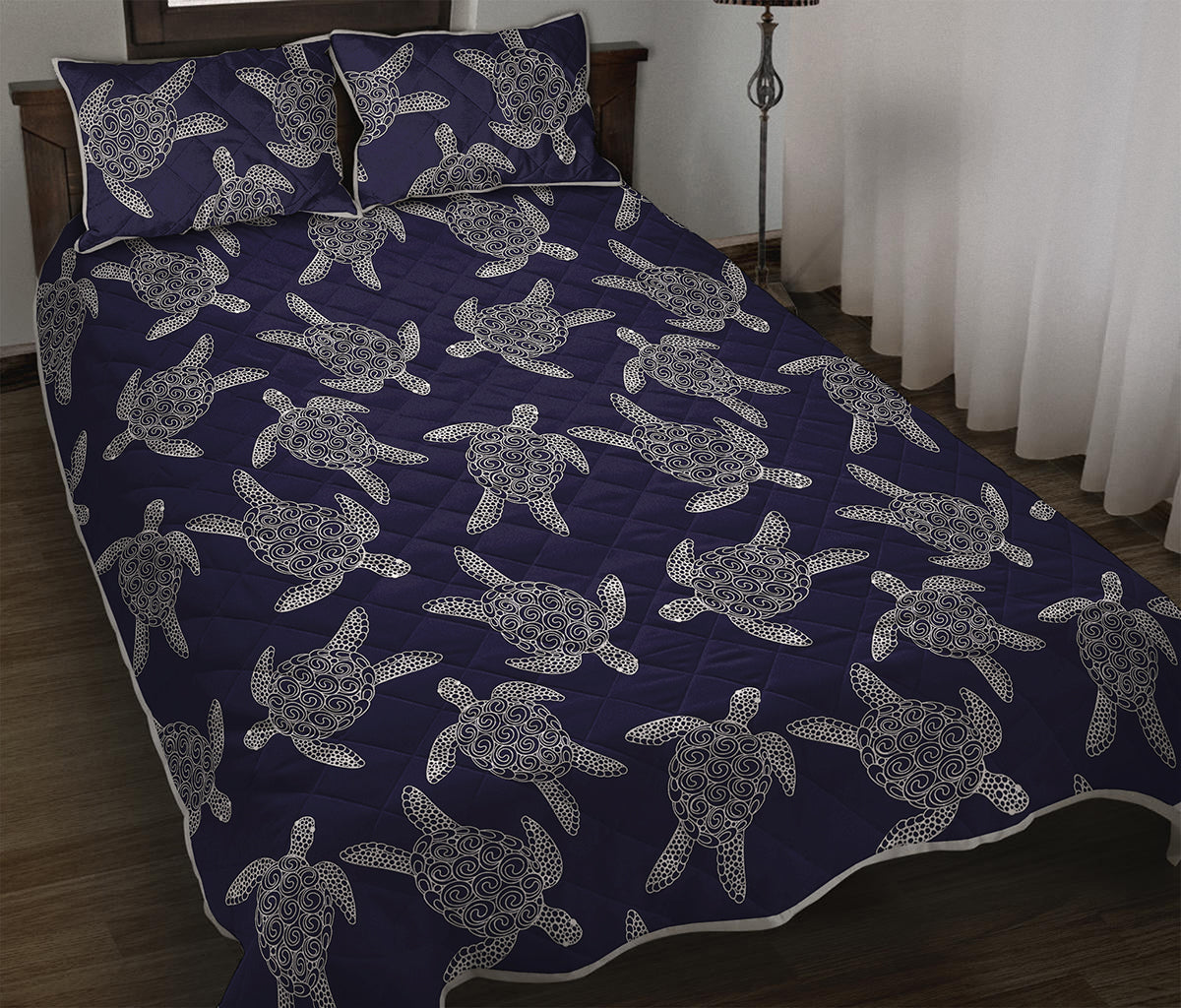 White And Blue Turtle Pattern Print Quilt Bed Set