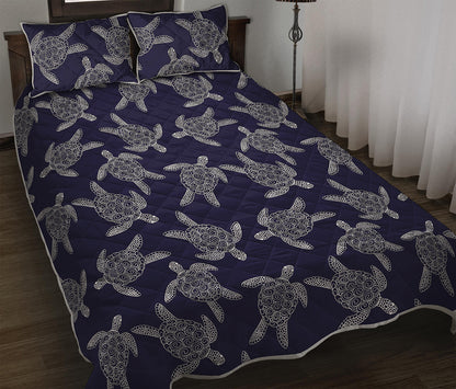 White And Blue Turtle Pattern Print Quilt Bed Set