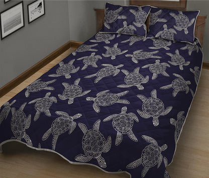 White And Blue Turtle Pattern Print Quilt Bed Set