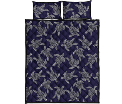 White And Blue Turtle Pattern Print Quilt Bed Set