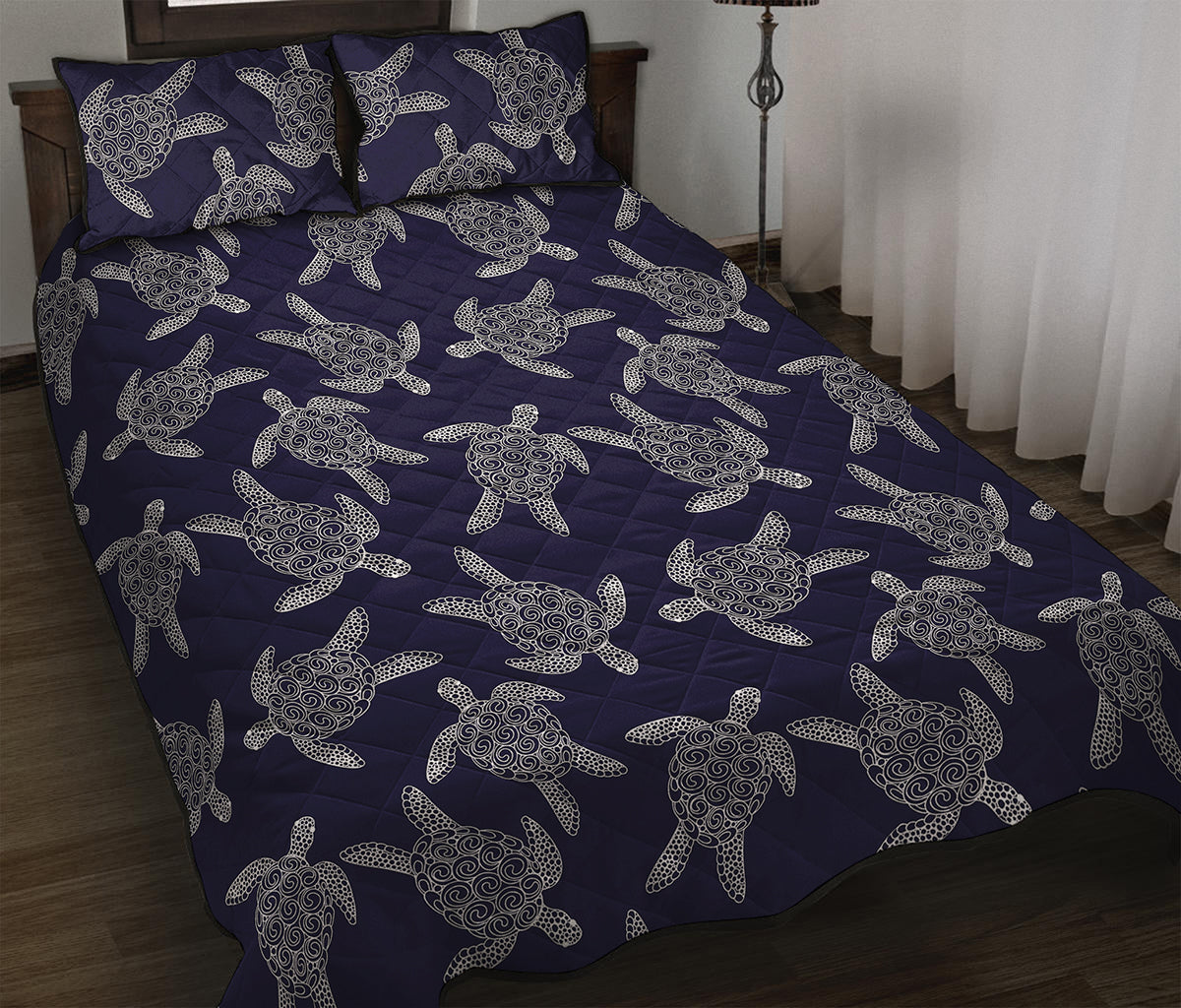 White And Blue Turtle Pattern Print Quilt Bed Set