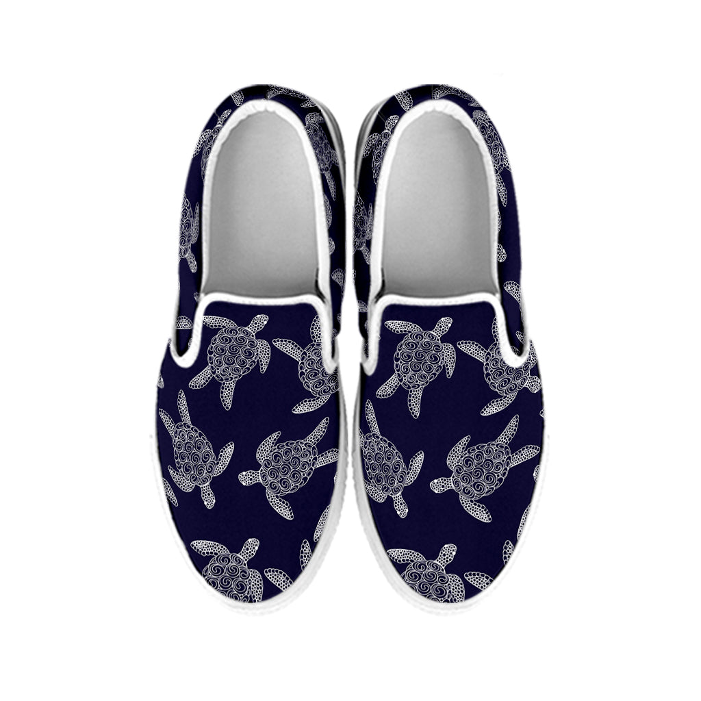 White And Blue Turtle Pattern Print White Slip On Shoes