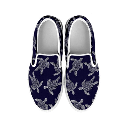 White And Blue Turtle Pattern Print White Slip On Shoes