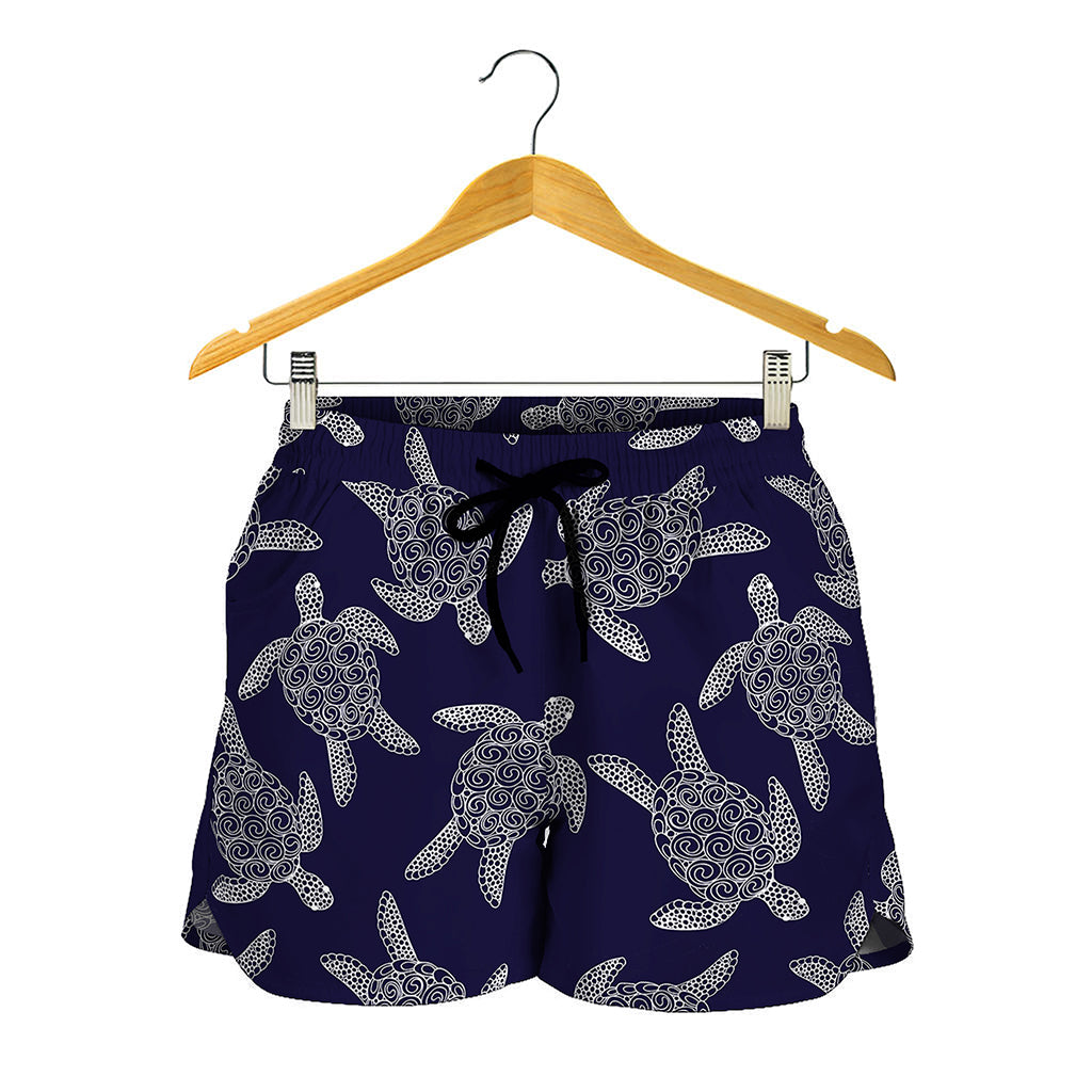 White And Blue Turtle Pattern Print Women's Shorts