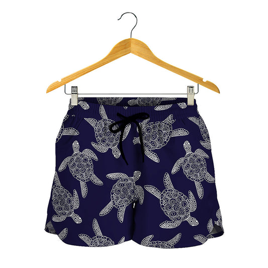 White And Blue Turtle Pattern Print Women's Shorts