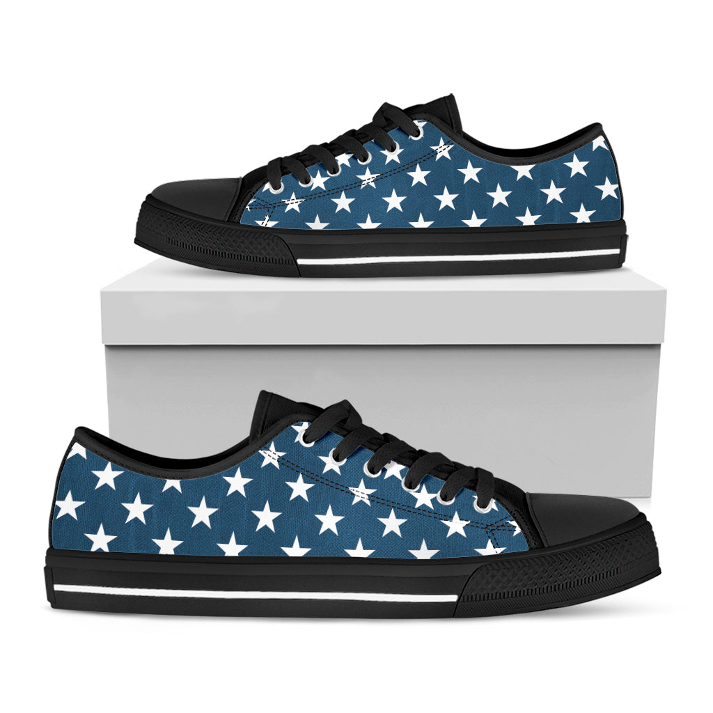 White And Blue USA Star Pattern Print Black Low Top Shoes